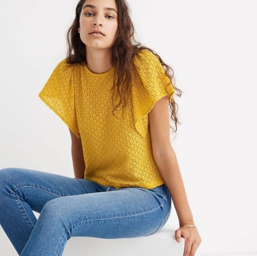 Texture & Thread Madewell Yellow Blouse Women's Eyelets Butterfly Sleeves Size L